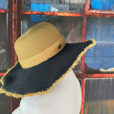 Pistil Lovett Sun Hat Wide Brim Colorblock Straw Frayed Edge-Blue