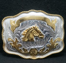 WL03131 VINTAGE 1970s  HORSE HEAD  WESTERN ANIMAL MENS SILVERTONE BELT BUCKLE