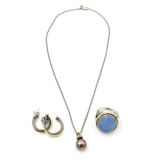 David Yurman Sterling 18K Gold Pearl Necklace Ring Earrings Lot of 3 #S4109 5