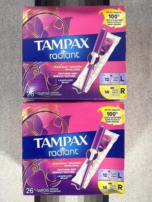 2 Packs Tampax Radiant Tampons Unscented 26 Ct 12 Light And 14 Regular 54 Total