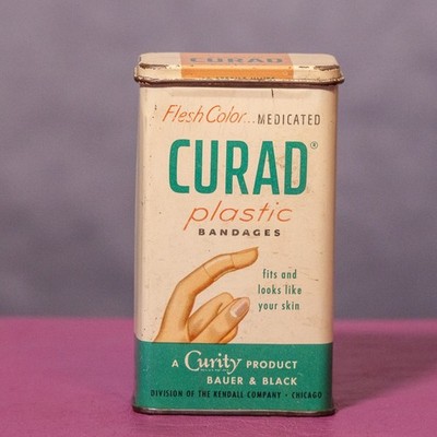 Vintage Curad Plastic Bandages Tin Box   Good State   Bauer & Black Chicago