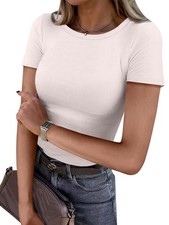 Women Short Sleeve Crewneck Ribbed Knit Slim Fitted Shirts Summer Tops Basic ...