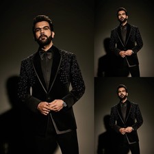 Black Velvet Men's Suits Luxury Beading Jacket 2PCS Peak Lapel Rhinestone Coat