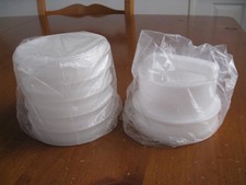 TUPPERWARE VINTAGE 6 HAMBURGER KEEPERS 4" 882 ~1 ANELLO CON PRESSA-884 1 COPERCHIO NUOVO