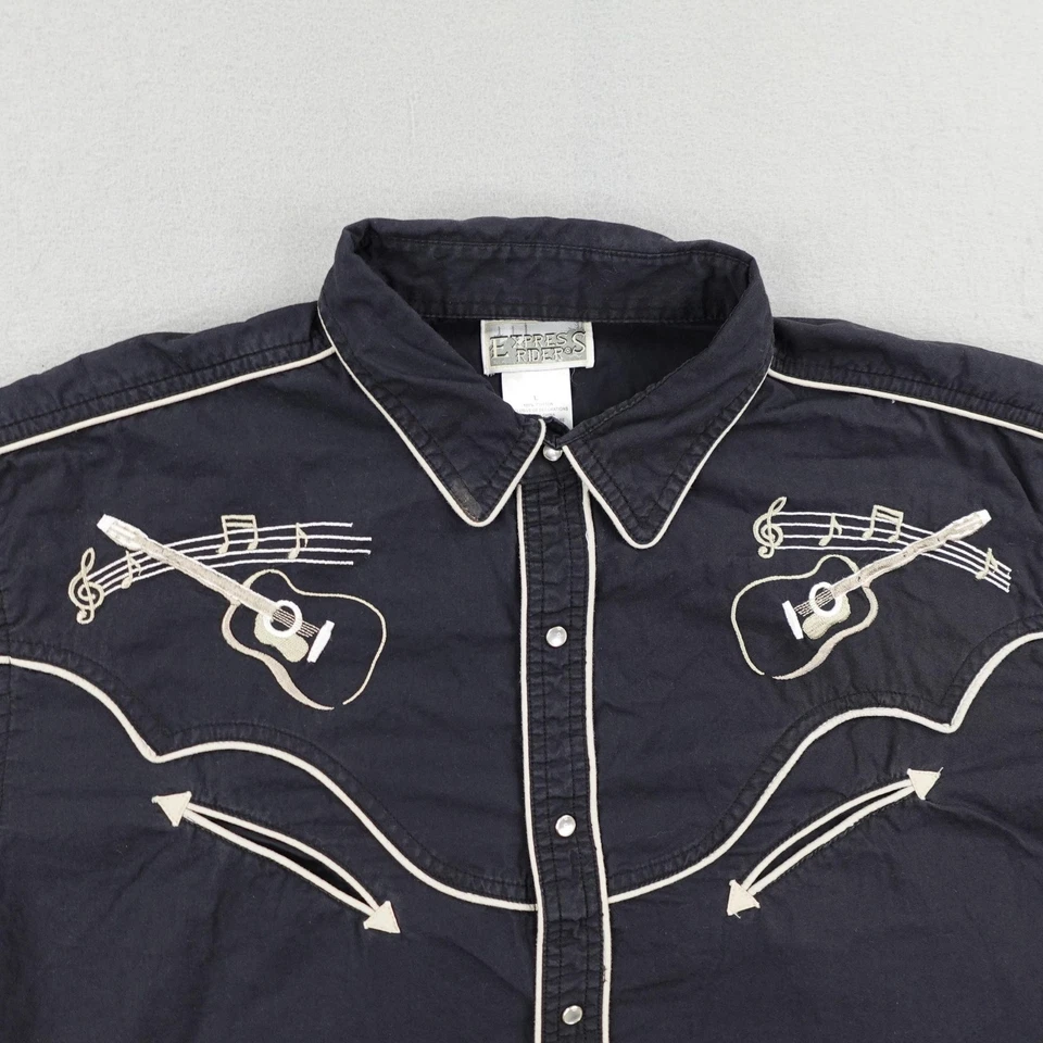 Camisa Express Rider Para Hombres Grande Negra Perla Occidental Bordada a Presión Guitarra Música Foto 2 de 4