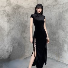 Damen Chinesisch Cheongsam Qipao Langes Kleid Mandarinkragen Samt Gothic Schwarz
