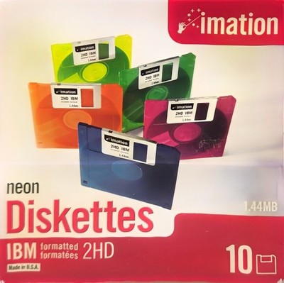 10 Pack NEON Imation Formatted Diskettes IBM 2HD 1.44 MB Sealed Acrylic Box