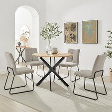 Image of Novara 100cm Oak Veneer Top Black Leg Round Dining Table & 4 Taupe Halle Chairs