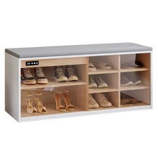 Modern Shoe Bench with Cushion, Glass Door, Shelves & Deodorizer