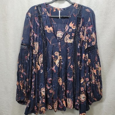 Free People Just The Two Of Us Paisley Crochet Trim V Neck Long Sleeve Tunic XS