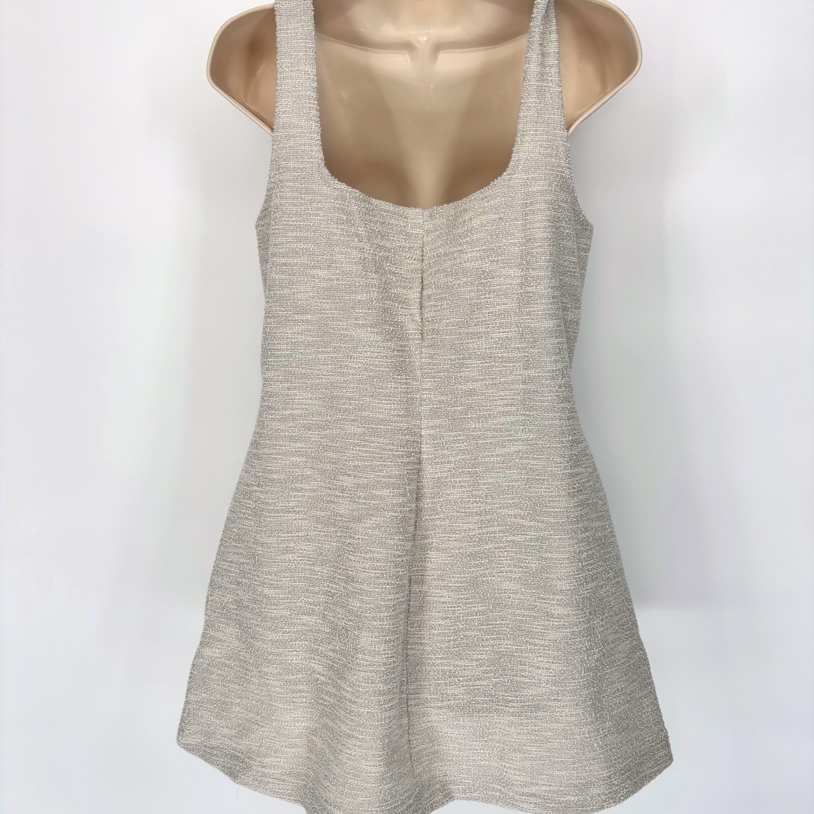 NWT H&M Cream Gold Metallic Mini Dress Square Neck Pearl Accents Pullover Sz M thumbnail 5
