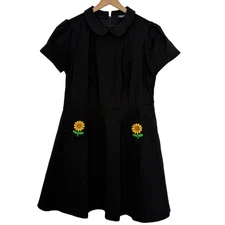 ModCloth Mini Dress Size 1X Black Embroidered Sunflower Peter Pan Collar Pockets