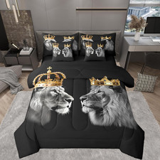 Reversible King Size Lion Couple Comforter Set with Crown Print Bedding