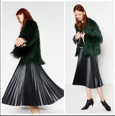 NWT ZARA Sage Green Metallic Sheen Midi Pleated Skit Small