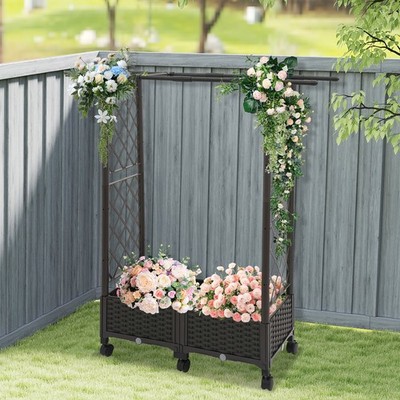PP Planter Garden Box w/ 6 Wheels Grid-patterned Flower Box For Backyard Patio