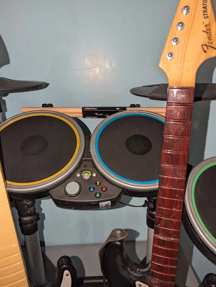 Xbox 360 Rock Band Mic, Drum Set, Cymbal, 2 Guitars, 4 Games Bundle Set - Tested - Image 2 of 4