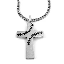 Baseball Stitch Cross (basecrossch) Necklace on Stainless Steel Chain made USA 