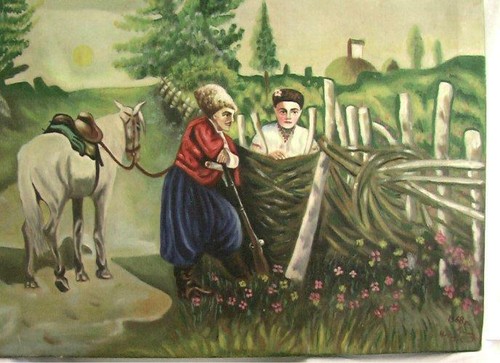 Vintage alte Hand Ölgemälde auf Leinwand Holz KOZAK UND KOZACHKA UDSSR UKRAINE - Bild 3 von 8