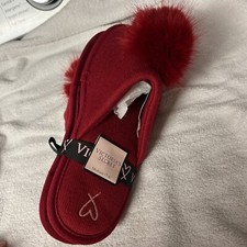 New Victoria's Secret Pom Pom Cranberry Red Slides Slippers Size Medium 7 - 8