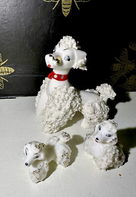 Lipper & Mann Made In Japan Spaghetti Porcelain Poodles Mom W/2 Pups Rhinestones