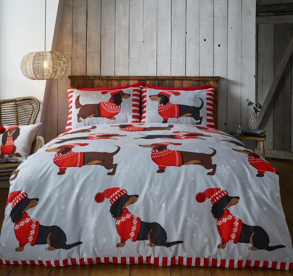 RAPPORT Christmas Dachshund Sausage Dog Reversible Duvet Quilt Cover Bedding Set