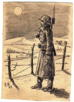 ''Landser auf Wache'', Bleistiftzeichnung, Feldpostkarte, leider beschnitten, 1941