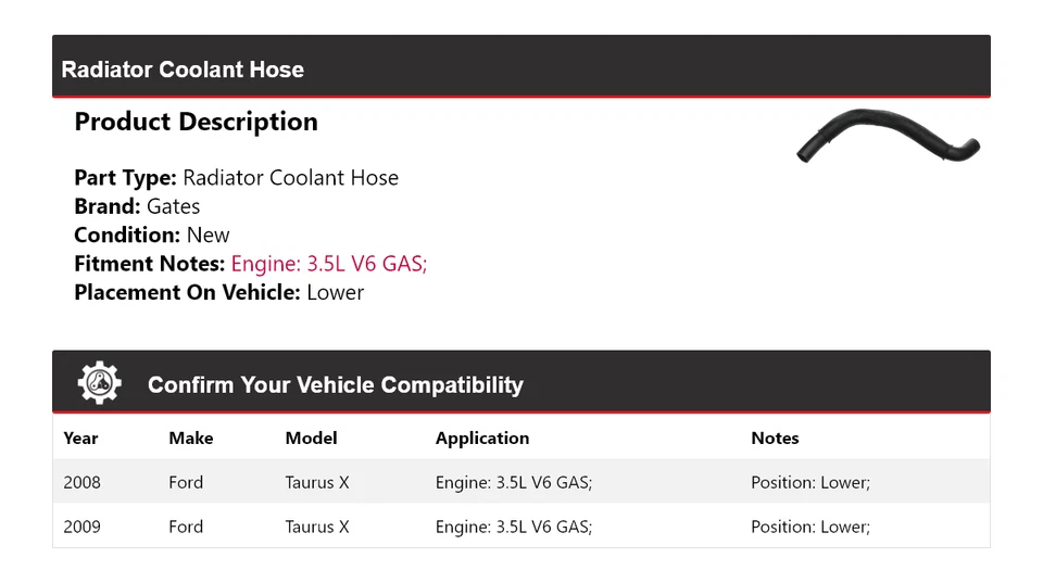 Manguera de refrigerante de radiador de gas V6 3,5 L para Ford Taurus X 2008-2009 puertas inferiores Foto 2 de 4