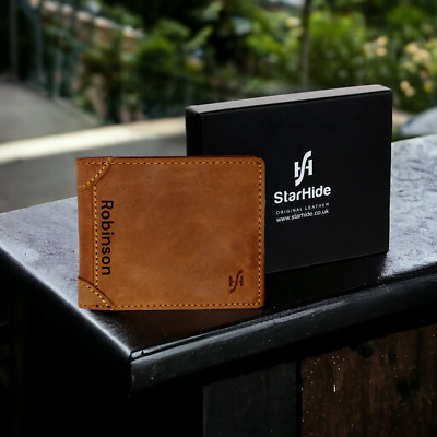 Personalised Engraved Brown Leather Wallet Anniversary Birthday Gift Dad Son