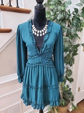 Women's Teal Polyester Boho Long Sleeve Ruffle Knee Length Dress Size Small