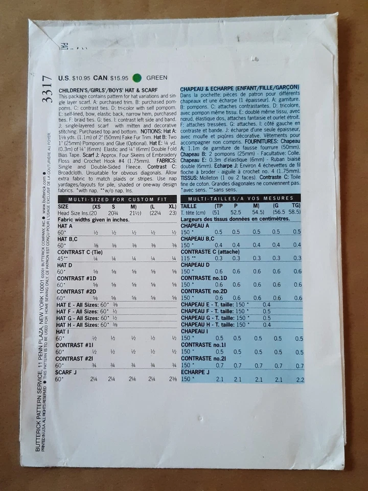BUTTERICK PATTERN - 3317 CHILD'S HATS SCARF MITTENS BEANIE POM-POM XS-M UNCUT - Image 2 of 2