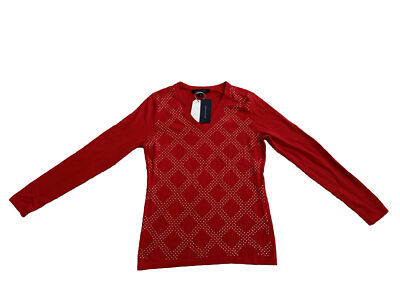 Tommy Hilfiger Logo Women s Red Argyle Gold Studs 100% Cotton V-Neck Sweater S