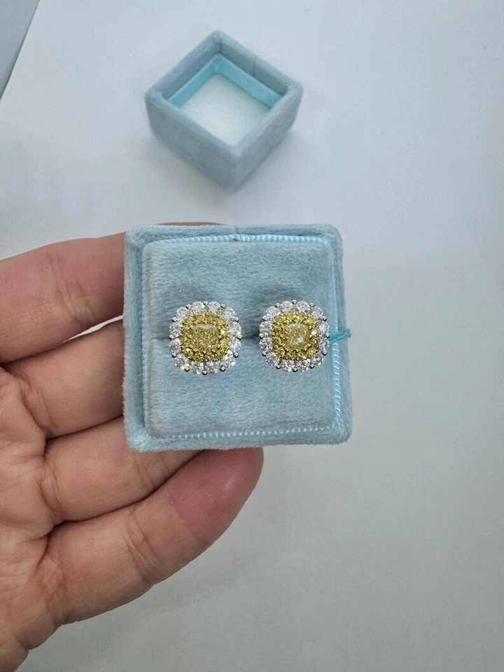 2.20Ct Cushion Cut Natural Citrine Halo Stud Earrings 14K Two-Tone Gold Plated - Image 3 of 4