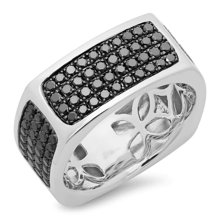 Mens 14K White Gold Black Diamond Square Ring TCW Natural 10