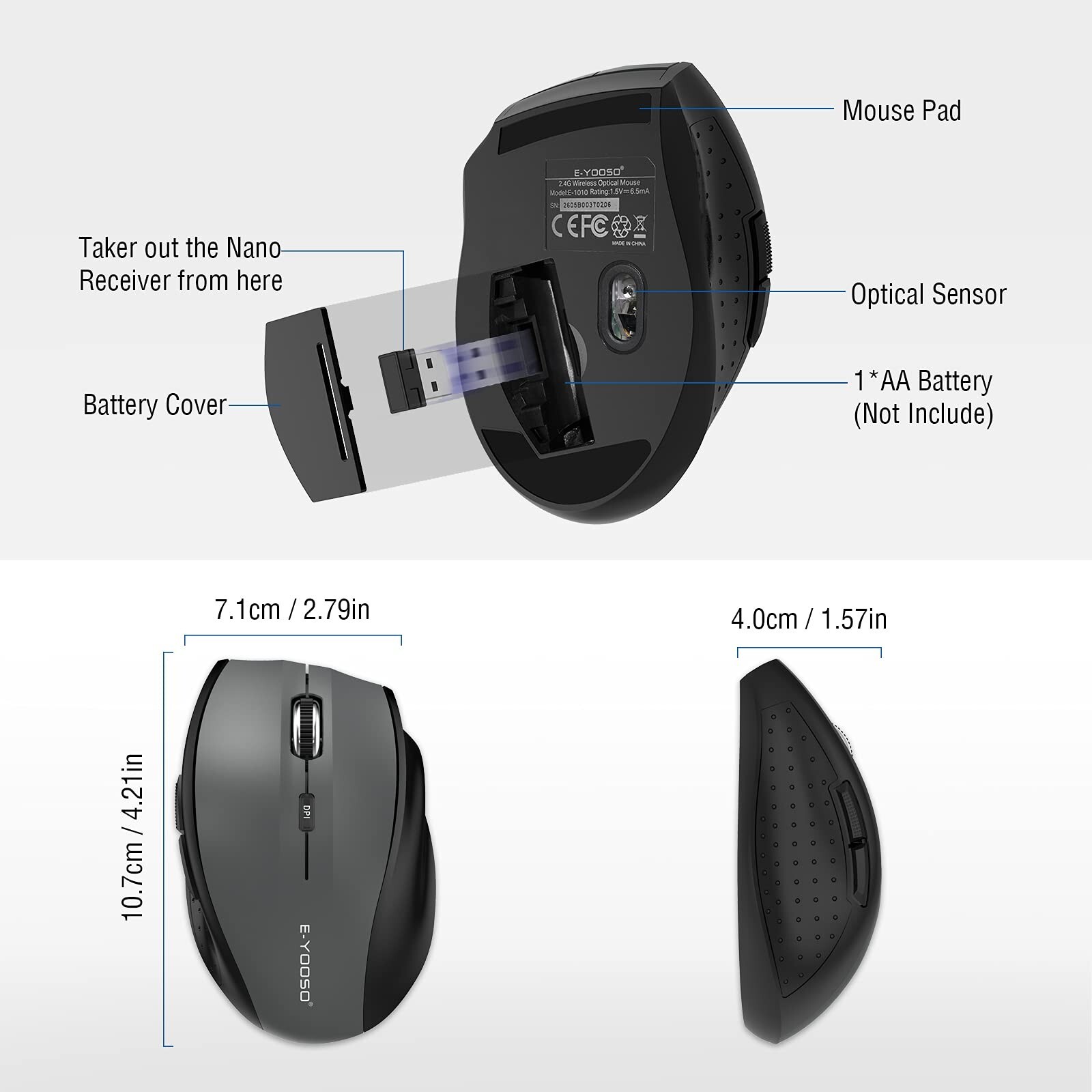 E-YOOSO Wireless Mouse for Laptop, Portable Optical Computer Mouse, 6 ...