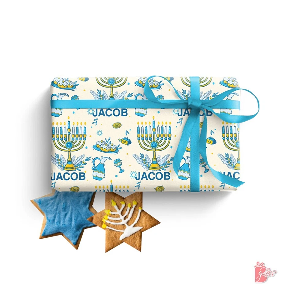 Rollo de papel de regalo personalizado con nombre Spirit of Hanukkah envoltura de regalo judía Foto 3 de 4