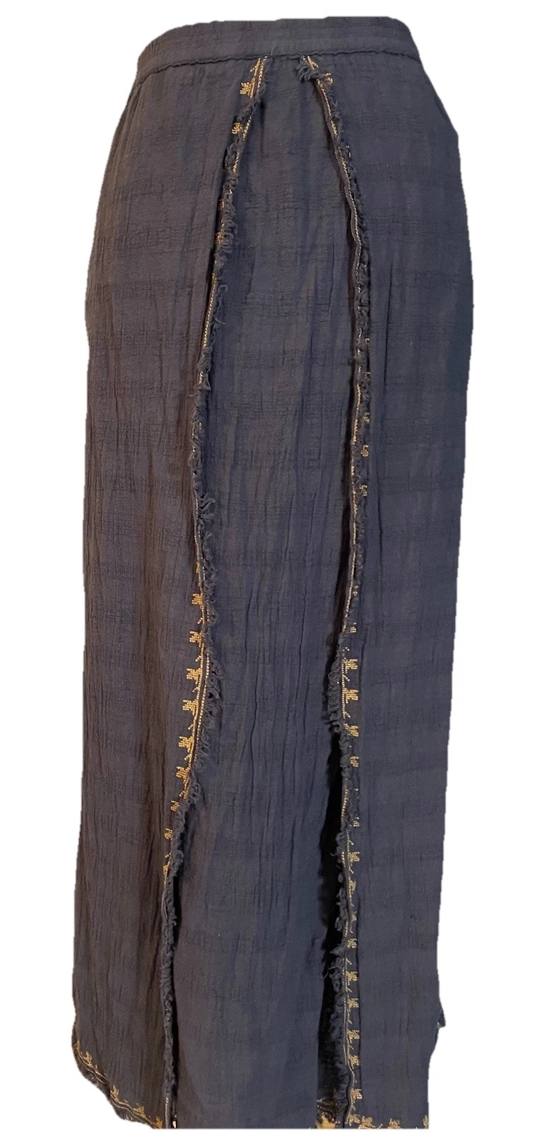 Wrap London Linen Blend Maxi Skirt Sz 18 Split Front Gray Embroidery Fringes