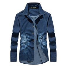 Men's new retro denim casual workwear pure cotton slim fit long sleeved shirt