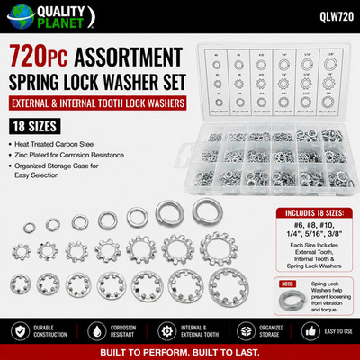 720pc ASSORTMENT SPRING LOCK EXTERNAL & INTERNAL TOOTH LOCK WASHER SET 18 SIZES