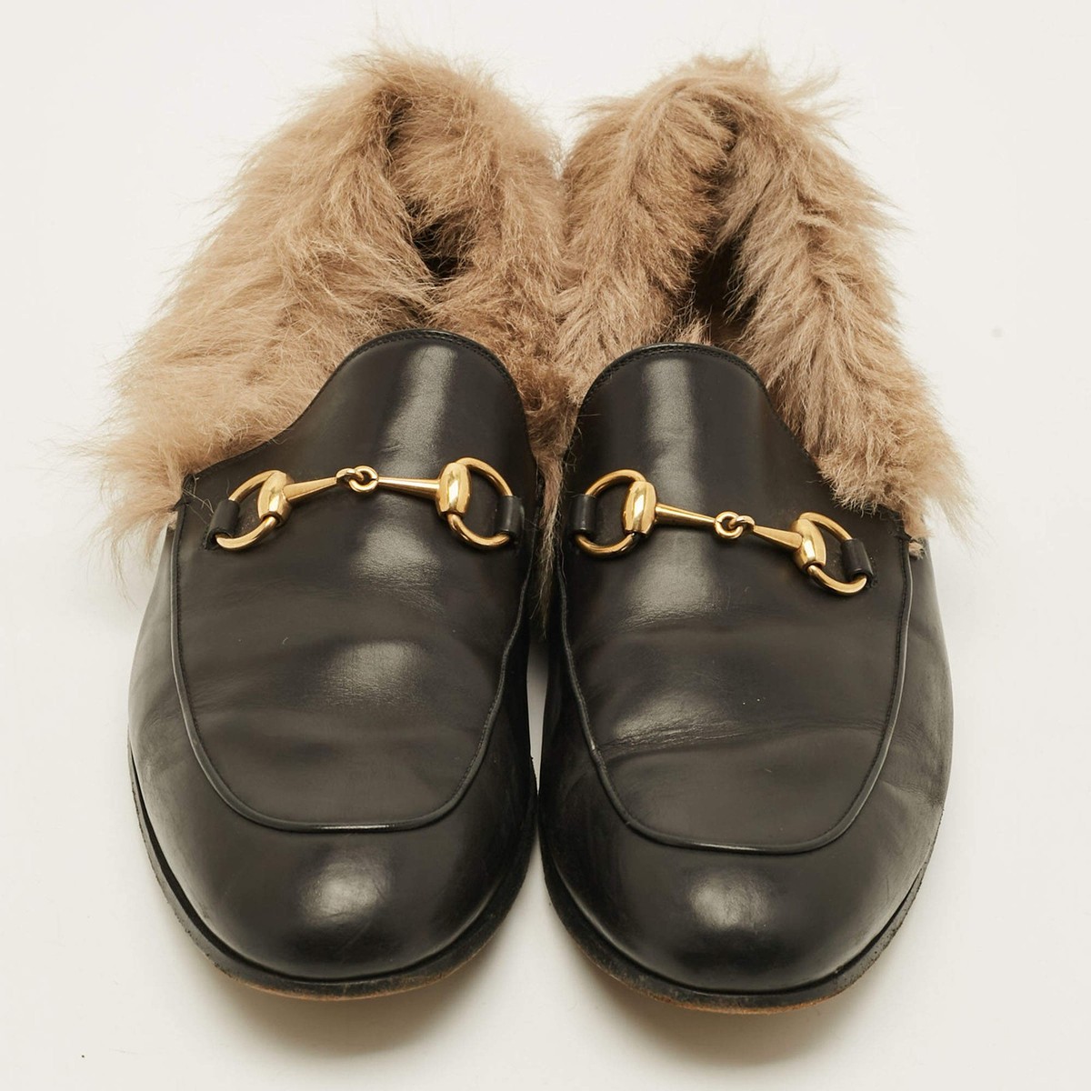 Gucci Princetown Size 44 Black Fur Leather Horsebit Slip On 