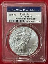 2018 W BURNISHED AMERICAN SILVER EAGLE PCGS SP70 WEST POINT MINT LABEL