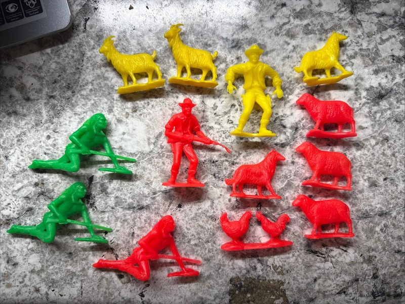 Lot Yellow Green Red Plastic Cowboys Indians Sheep Dog Goat Chicken Tim-Mee VTG