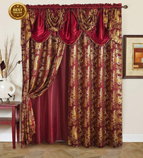Jacquard Luxury Window 2 Panel Set Burgundy Gold Curtain with Attached Valance a
