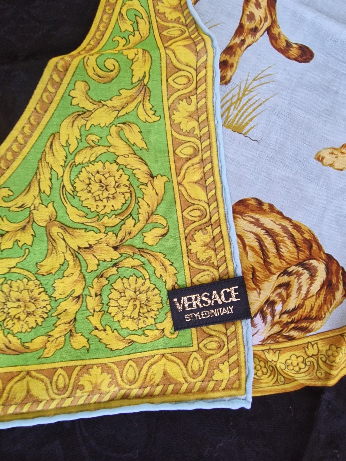 Authentic VERSACE Silk Scarf – RareLime Green & SkyBlue Tigers &Cheetahs Jungle image 3
