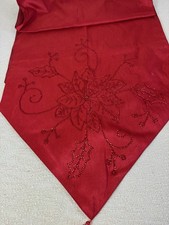 Red Sequin Table Runner Beaded Tassels Poinsettia Classic Christmas Appr. 60x16