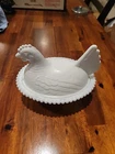 Vintage Chicken Hen On Nest Covered Candy Dish Milk Indiana Glass *Chipped