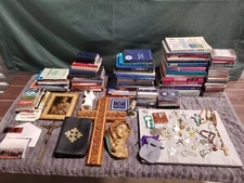 Huge Lot Vintage Catholic Religious Items Medals Book Prayer Decor Rosary Tapes