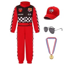 Boys Race Car Driver Costume Jumpsuit with Cap for Halloween Dress Up 9-10 Years