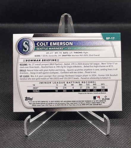 2025 Bowman Baseball Colt Emerson #BP-17 Bowman Prospects Seattle Mariners - Picture 3 of 3