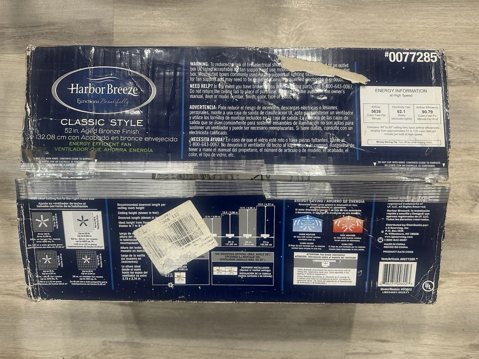 Harbor Breeze, Classic 52 Inch Aged Bronze Finish Ceiling Fan New In Box 77285. - Image 2 of 4