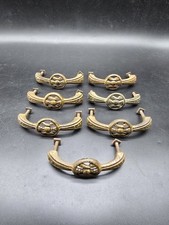 Set Of 7 Original Art Deco Drawer Pull Handles Steel Gold Tone 9 Cm Decorated 